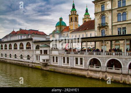Bâtiments et marché couvert sur la rivière sous ciel nuageux, Ljubljana, capitale de la Slovénie, Europe. Banque D'Images