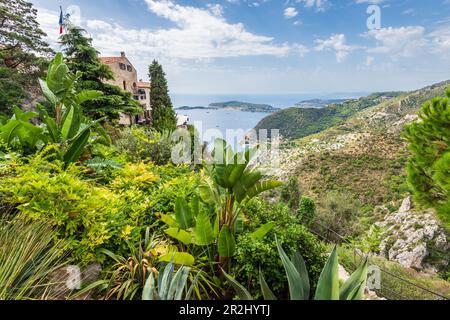 Vue depuis le jardin Exotique d'Èze sur le village perché de Èze et la Côte d'Azur, Provence, France Banque D'Images