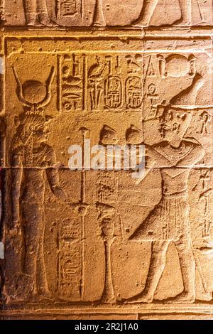 Sculptures en pierre et hiéroglyphes dans le Sanctuaire au Temple d'Isis, complexe du Temple de Philae, UNESCO, île d'Agilkia, Assouan, Égypte, Afrique du Nord Banque D'Images