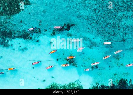 Vue aérienne des bateaux ancrés dans le lagon exotique, Zanzibar, Tanzanie, Afrique de l'est, Afrique Banque D'Images