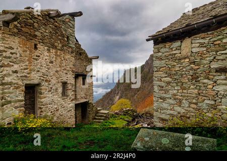 Vieux cabanes ruinées sur un pâturage de montagne. Vallée de Lys, Vallée d'Aoste, Italie Banque D'Images