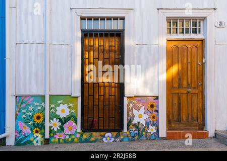 Peinture murale aux fleurs colorées, Cerro Bellavista, Valparaiso, province de Valparaiso, région de Valparaiso, Chili, Amérique du Sud Banque D'Images