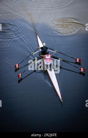 Bateau avec deux rameurs le long de la rivière Arno, Florence, Toscane, Italie. Banque D'Images