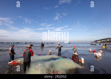 La réparation des filets de pêche, les pêcheurs Accrocher Dua bay, Vung Tau, Vietnam, Indochine, Asie du Sud-Est, l'Asie Banque D'Images