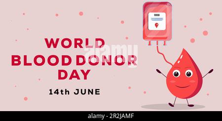 bannière horizontale de la journée mondiale du don de sang avec caractères sanguins et sac de sang Illustration de Vecteur
