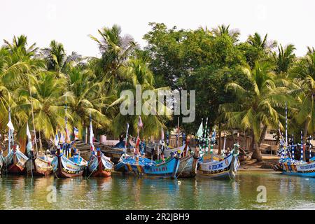 ADA Foah village de pêcheurs avec bateaux de pêche peints sur les rives de la Volta dans la région du Grand Accra, dans l'est du Ghana, en Afrique de l'Ouest Banque D'Images