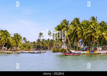 Village de pêcheurs d'Ada Foah avec des bateaux aux couleurs vives sur les rives de la Volta dans la région du Grand Accra, dans l'est du Ghana, en Afrique de l'Ouest Banque D'Images