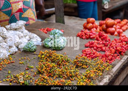 Vente de Chili, d'épices, de pois d'aubergine et de tomates sur le marché hebdomadaire de Techiman, dans la région de Bono-est du centre du Ghana, en Afrique de l'Ouest Banque D'Images