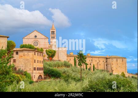 Vue sur la basilique de San Chiara à Assise, province de Pérouse, Ombrie, Italie Banque D'Images