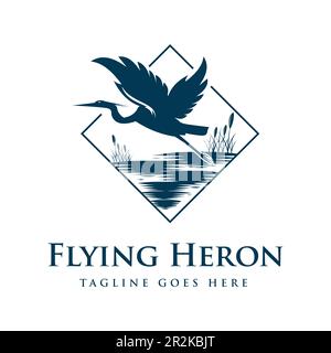Design Square Flying Stork Heron Silhouette Bird avec emblème des marais Grass River Creek Lake Design Vector vintage. Illustration de Vecteur