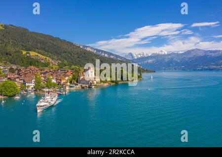 Vue aérienne du château d'Oberhofen sur le lac Thun avec les Alpes bernoises, Thoune, Oberland bernois, canton de Berne, Suisse Banque D'Images
