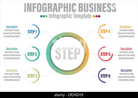 Infographies de la chronologie du cercle moderne avec 6 étapes et six options. Diagramme avec chronologie du projet, infographie de vecteur de présentation. Illustration de Vecteur