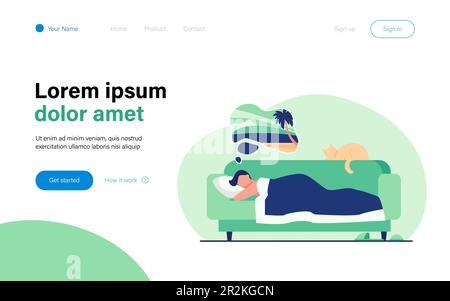 Homme rêvant de la mer et dormant sur un canapé avec chat Illustration de Vecteur