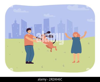 Enfants jouant avec un chien à l'extérieur Illustration de Vecteur