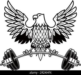 Aigle tenant une barbell. Mascotte de gym. Élément de conception pour logo, étiquette, signe, emblème. Illustration vectorielle, Eagle tenant une barbell. Mascotte de gym. Design el Illustration de Vecteur