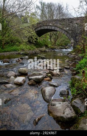 Bont Newydd près des chutes Aber, Abergwyngraygn, pays de Galles du Nord. Un vieux pont en pierre au-dessus de l'Afon Rhaeadr Fawr. Banque D'Images