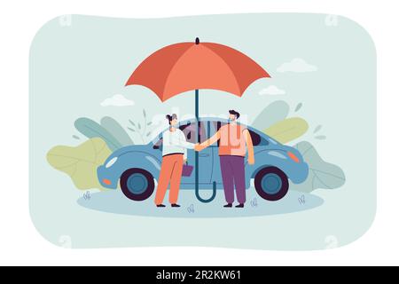 Un conducteur de dessin animé se secouant la main avec un agent d'assurance sous le parapluie Illustration de Vecteur