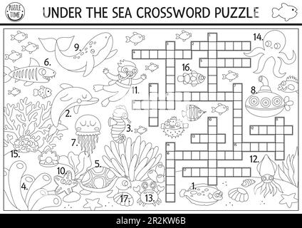 Puzzle vectoriel noir et blanc sous la mer pour les enfants. Quiz simple sur la ligne de vie océanique avec paysage marin pour les enfants. Activités éducatives, Illustration de Vecteur