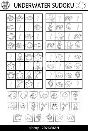 Vecteur noir et blanc sous la mer sudoku puzzle pour les enfants avec des images. Quiz sur la vie marine avec des éléments de coupe et de colle. Activité d'éducation Illustration de Vecteur