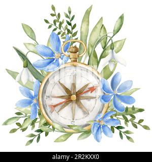 Boussole vintage avec fleurs bleues. Illustration aquarelle dessinée à la main de l'ancien équipement rétro de navigation avec Marguerite forestière sauvage et feuilles vertes sur fond blanc isolé. Dessin de l'élément de déplacement. Banque D'Images