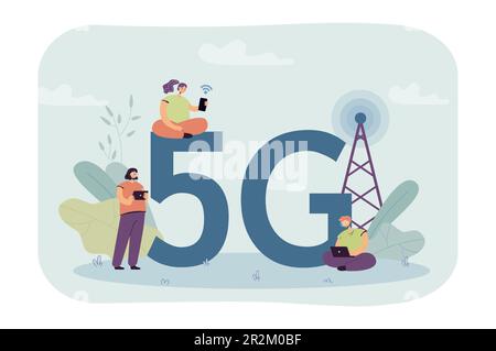 Les gens qui essaient de prendre une connexion Internet 5G heures sur 24 Illustration de Vecteur