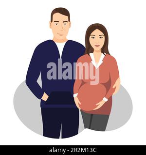 Relation heureuse et concept de grossesse. Couple de dessins animés homme et femme debout et étreignant. Illustration vectorielle avec de futurs parents Illustration de Vecteur