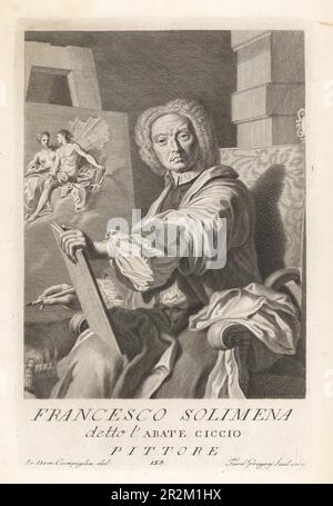 Francesco Solimena, peintre italien de l'époque baroque, 1657-1747. Une famille établie de peintres et de dessinateurs. Dans perruque en poudre, avec pinceau et palette, assis devant une toile allégorique sur un chevalet. Pittore. Gravure sur plaque de coperplate par Ferdinando Gregori d'après Giovanni Domenico Campiglia après un autoportrait de l'artiste du Museo Florentino de Francesco Moucke, Serie di Ritratti de Pittori (série de Portraits de Peintres) stampia Mouckiana, Florence, 1752-62. Banque D'Images