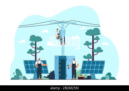 Électriciens réparant les panneaux électriques et solaires dans les rues Illustration de Vecteur