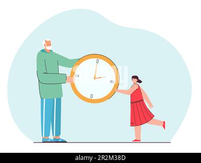 Grand-père et petite fille tenant une montre géante ensemble Illustration de Vecteur