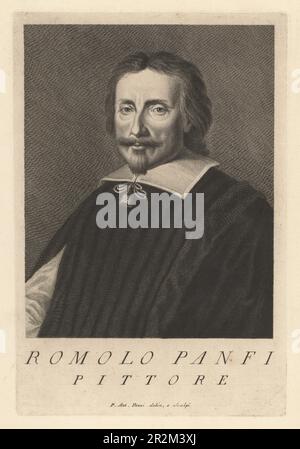 Romolo Panfi, peintre italien, actif en Toscane, principalement de scènes de bataille et de paysages, 1632-1690. Pittore. Gravure de coperplate dessinée et gravée par Pietro Antonio Pazzi après un autoportrait de l'artiste du Museo Florentino de Francesco Moucke, série di Ritratti de Pittori (série de Portraits de Peintres) stampia Mouckiana, Florence, 1752-62. Banque D'Images