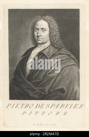 Pierre Esparvier, peintre français, 1663-1731. Né à Ussel, il a travaillé à Bologne et Florence, peint des portraits, des scènes de bataille et des fleurs. Pietro de Sparvier, Pittore. Gravure de coperplate dessinée et gravée par Pietro Antonio Pazzi après un autoportrait de l'artiste du Museo Florentino de Francesco Moucke, série di Ritratti de Pittori (série de Portraits de Peintres) stampia Mouckiana, Florence, 1752-62. Banque D'Images