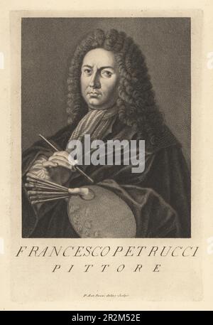 Francesco Petrucci, peintre italien et dessinateur intermédiaire sur les estampes de Lorenzini, Mogalli et Vercruysse, 1660-1719. Pittore. Gravure de coperplate dessinée et gravée par Pietro Antonio Pazzi après un autoportrait de l'artiste du Museo Florentino de Francesco Moucke, série di Ritratti de Pittori (série de Portraits de Peintres) stampia Mouckiana, Florence, 1752-62. Banque D'Images