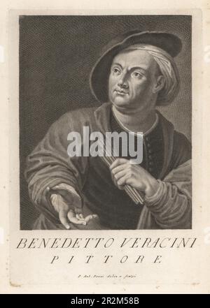 Benedetto Veracini, peintre et dessinateur italien, 1607-1690. Pittore. Gravure de coperplate dessinée et gravée par Pietro Antonio Pazzi après un autoportrait de l'artiste du Museo Florentino de Francesco Moucke, série di Ritratti de Pittori (série de Portraits de Peintres) stampia Mouckiana, Florence, 1752-62. Banque D'Images