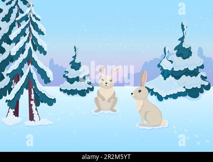 Personnages de lièvre mignons dans la forêt d'hiver Illustration de Vecteur