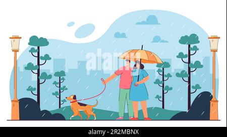 Couple marchant avec un chien par mauvais temps pluvieux Illustration de Vecteur