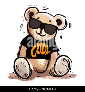 Ours en peluche frais dans des lunettes de soleil noires et un t-shirt. Adorable poupée ours dessin main dessin vectoriel dessin dessin dessin animé style illustration isolée sur fond blanc Illustration de Vecteur