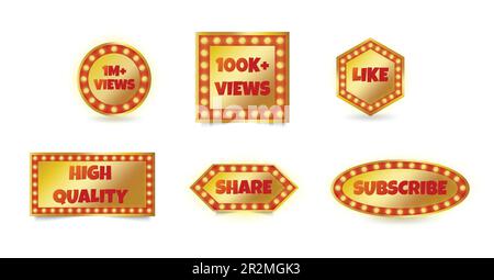Ensemble d'éléments vectoriels 1 millions, 100k, comme, partager et souscrire badge d'or de médias sociaux grande collection. Illustration de Vecteur