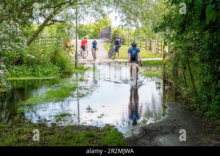 Eton Wick, Windsor, Royaume-Uni. 20th mai 23. Le ruisseau Roundmoor Ditch d'Eton Wick déborde encore, laissant l'accès pour les marcheurs sur le sentier de la rivière Jubilee depuis Eton Wick accessible seulement sur un vélo ou portant des bottes wellington. Le pont à proximité de l'autre côté de la rivière Jubilee est utilisé régulièrement par les habitants qui se rendent à Asda à Cippenham pour faire leurs courses de nourriture. Roundmoor Ditch a déjà débordé lorsque Thames Water aurait pompé l'excès d'eau dans le ruisseau depuis les travaux de traitement des eaux usées de Thames à proximité. Crédit : Maureen McLean/Alay Live News Banque D'Images