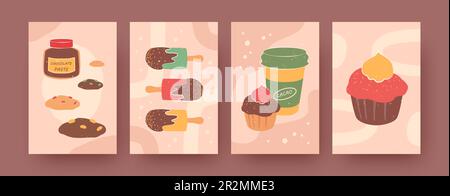Ensemble d'affiches contemporaines avec biscuits, glaces et muffins Illustration de Vecteur