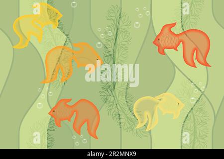 Motif sans couture de poissons rouges, algues et bulles d'air Illustration de Vecteur