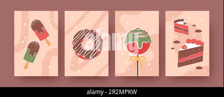 Ensemble d'affiches contemporaines avec glaces, beignets et gâteaux Illustration de Vecteur