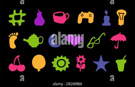 Formes abstraites. Éléments floraux dessinés à la main. Illustration d'esquisse de texture de dessin animé Des spots colorés originaux et tendance. Encombrement minimal. Taches de peinture. J'aime le cœur Illustration de Vecteur