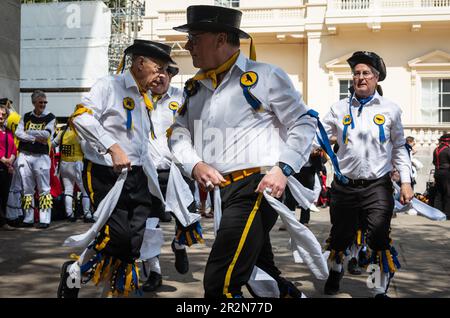 Londres, Royaume-Uni, 20 mai 2023. Morris Dancers danse à travers Londres. Les danseurs de Westminster Morris, rejoints par d'autres sociétés dansantes de Morris, ont pris part à une journée de danse Morris dans le quartier de Westminster. Londres, Royaume-Uni. (Tennessee Jones - Alamy Live News) Banque D'Images