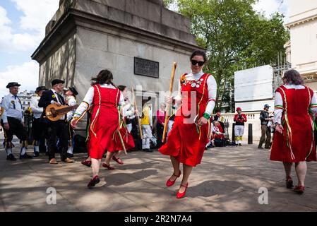 Londres, Royaume-Uni, 20 mai 2023. Morris Dancers danse à travers Londres. Les danseurs de Westminster Morris, rejoints par d'autres sociétés dansantes de Morris, ont pris part à une journée de danse Morris dans le quartier de Westminster. Londres, Royaume-Uni. (Tennessee Jones - Alamy Live News) Banque D'Images