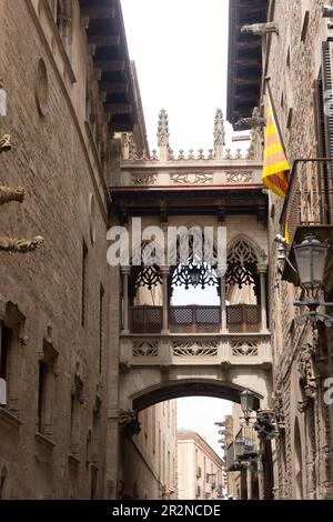 El Pont de Bisbe, un survol néo-gothique qui relie Palau de la Generalitat à la Casa dels Canonges. Barcelone, Espagne. Banque D'Images