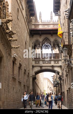 El Pont de Bisbe, un survol néo-gothique qui relie Palau de la Generalitat à la Casa dels Canonges. Barcelone, Espagne. Banque D'Images