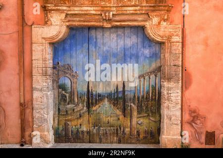 Porte colorée à Roussillon, Luberon, département du Vaucluse en Provence-Alpes-Côte d'Azur, Provence, France Banque D'Images