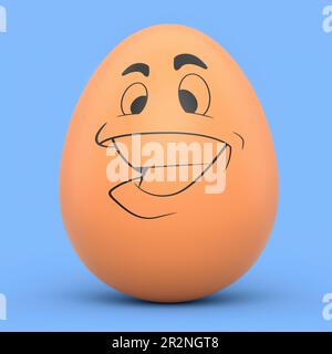 Ferme oeuf peint brun avec des expressions et visage drôle isolé sur fond bleu. 3D rendu des oeufs de Pâques modèle de conception pour l'accueil et invité Banque D'Images