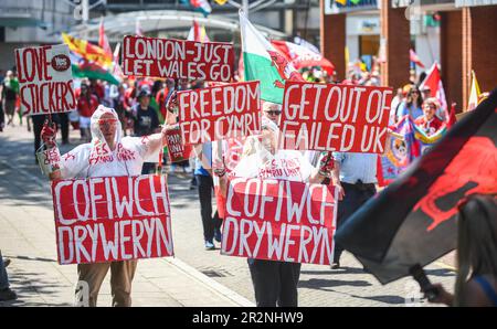 Des milliers de personnes sont descendues samedi dans les rues de Swansea pour participer à une marche appelant à l'indépendance galloise. Environ 5000 personnes se sont garées dans l'événement organisé dans la deuxième ville du pays de Galles et organisé par les groupes pro-indépendantistes Yes Cymru et AUOB (tous sous une bannière) Cymru. Banque D'Images