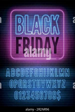 Affiche du vendredi noir avec un alphabet bleu rose fluo sur fond de mur en brique sombre. Police effet nuit lumineuse supplémentaire avec chiffres. Illustration vectorielle Illustration de Vecteur